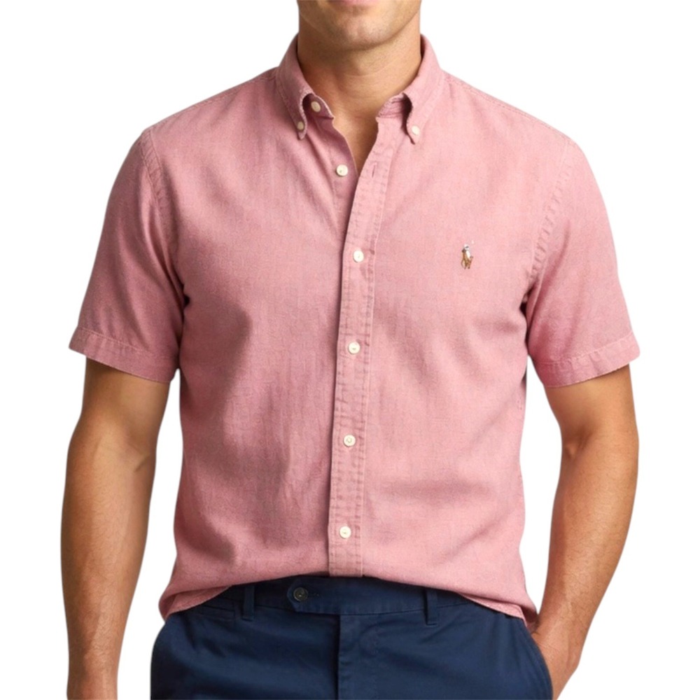 Ralph Lauren Mens XXL Short Sleeve Button Down Shirt Red Pink RL Untucked Fit